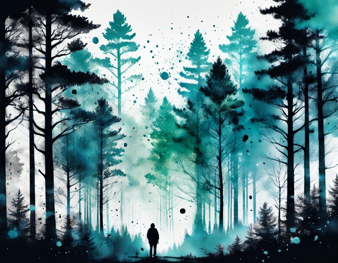 Double Exposure Ink Splatter Forest Illustration