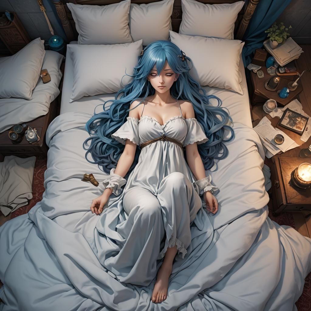 Blue-Haired Sorceress Yawns in Bed: 3D Anime Art