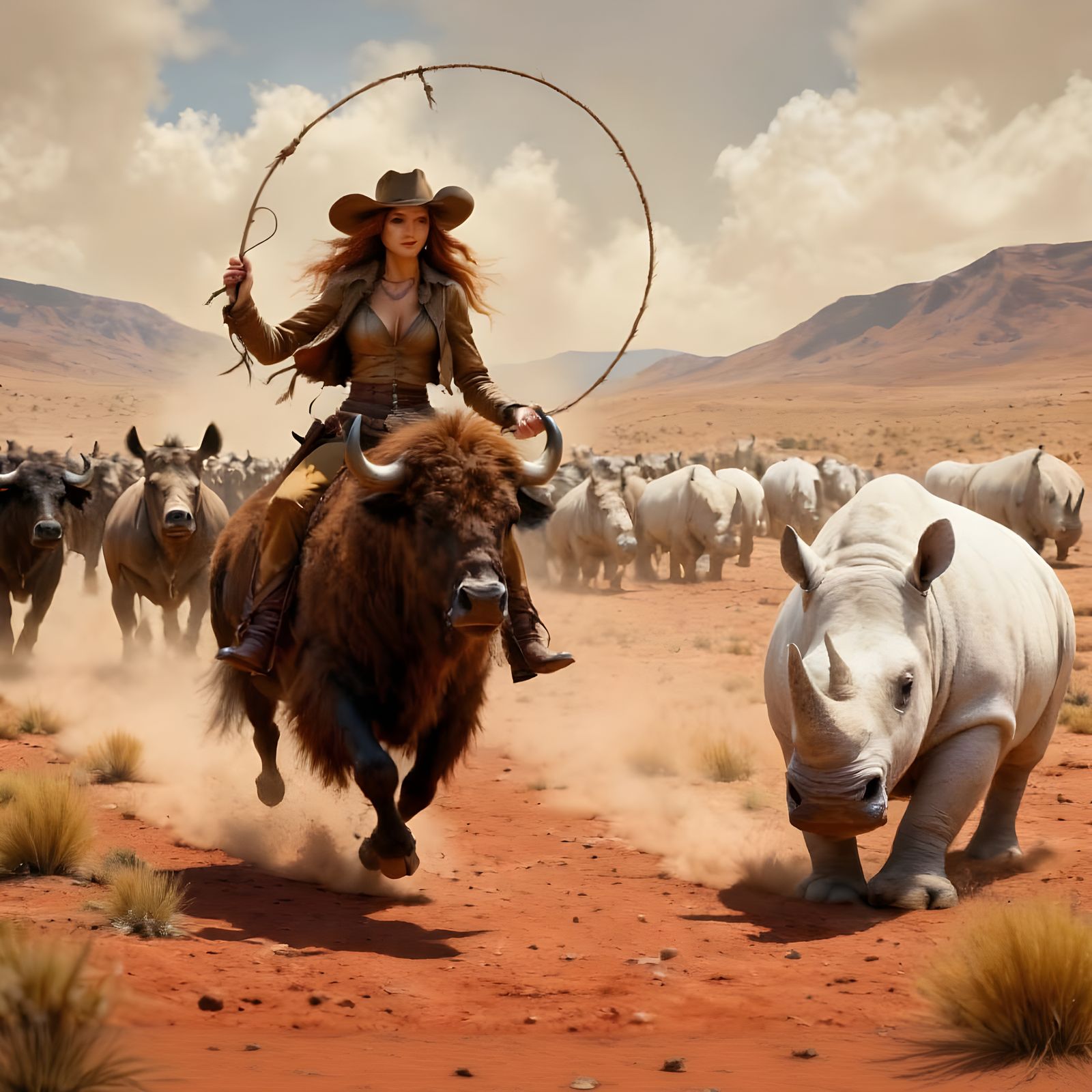 Cowgirl Lassoing White Rhino in Old Western Style