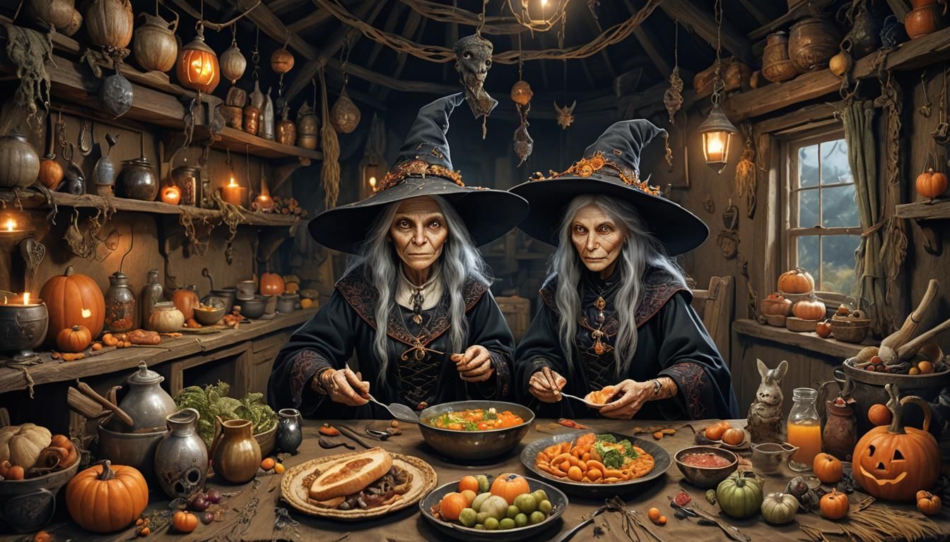 Anthropomorphic Witch Supper in Fantasy Realism Style