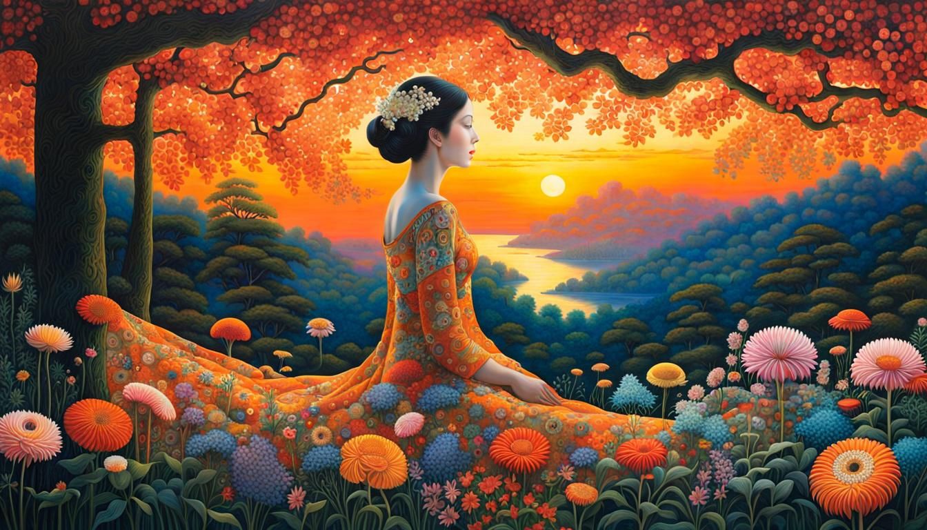 Sunset Woman in Enchanted Forest, Art Nouveau Style