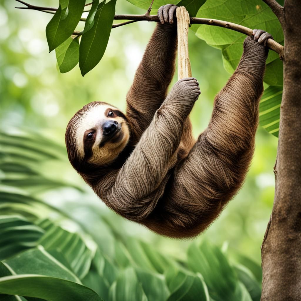 Sloth in Tree Eating Leaf