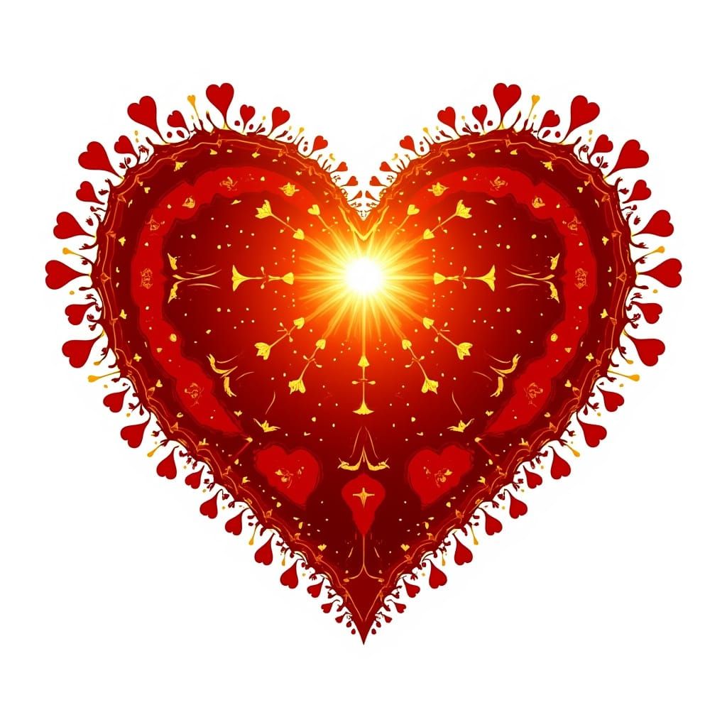 Majestic Fractal Landscape with Red Hearts and Gold Sparks