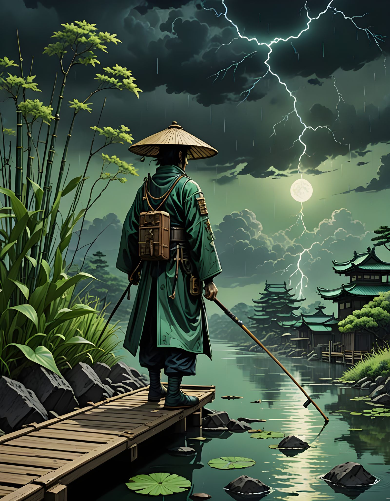 Steampunk Samurai Fisherman in Japanese Ink Scroll