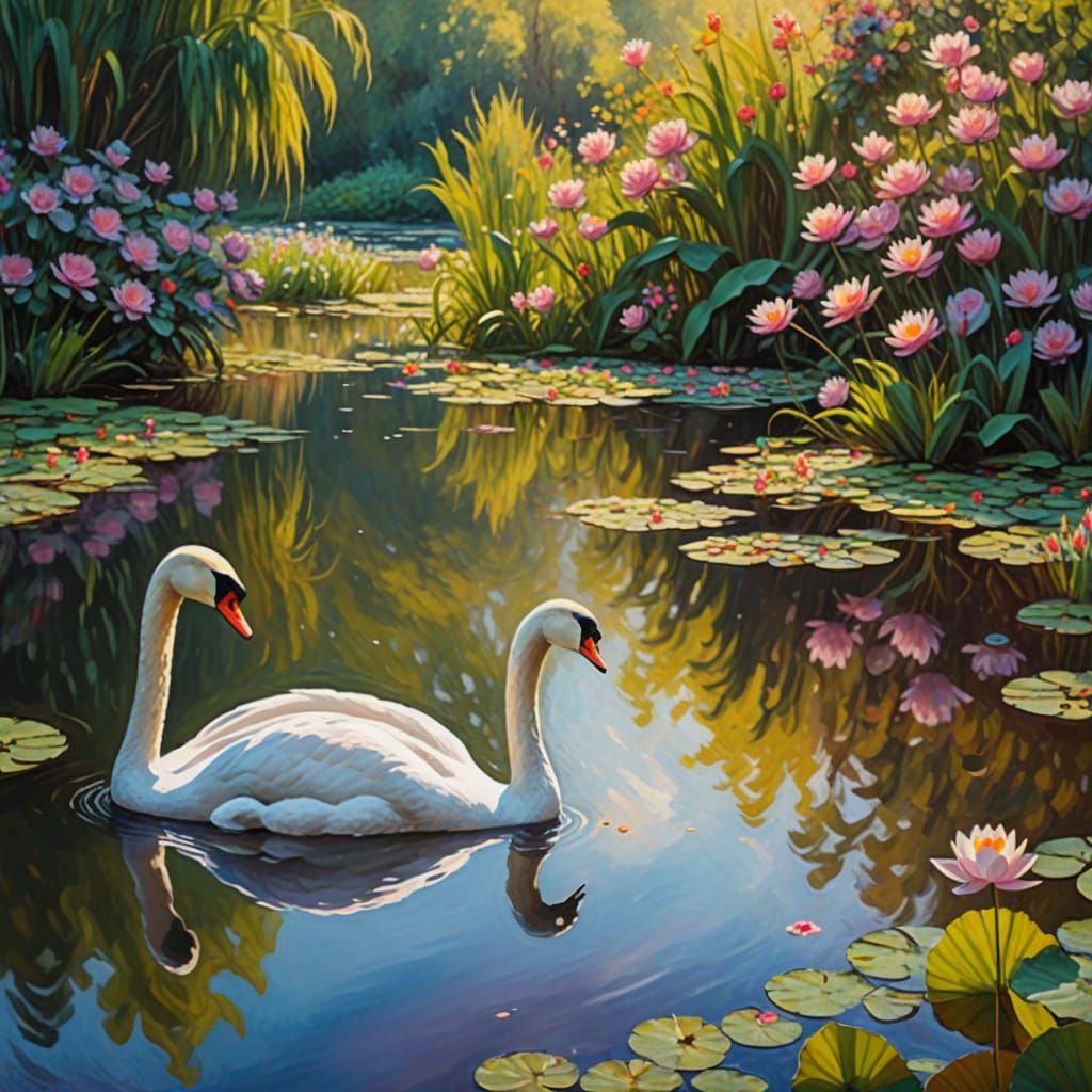 Impressionist Swan on Pond in Claude Monet Style