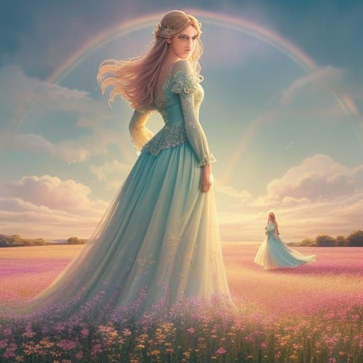 Ethereal Young People in a Field Under a Rainbow