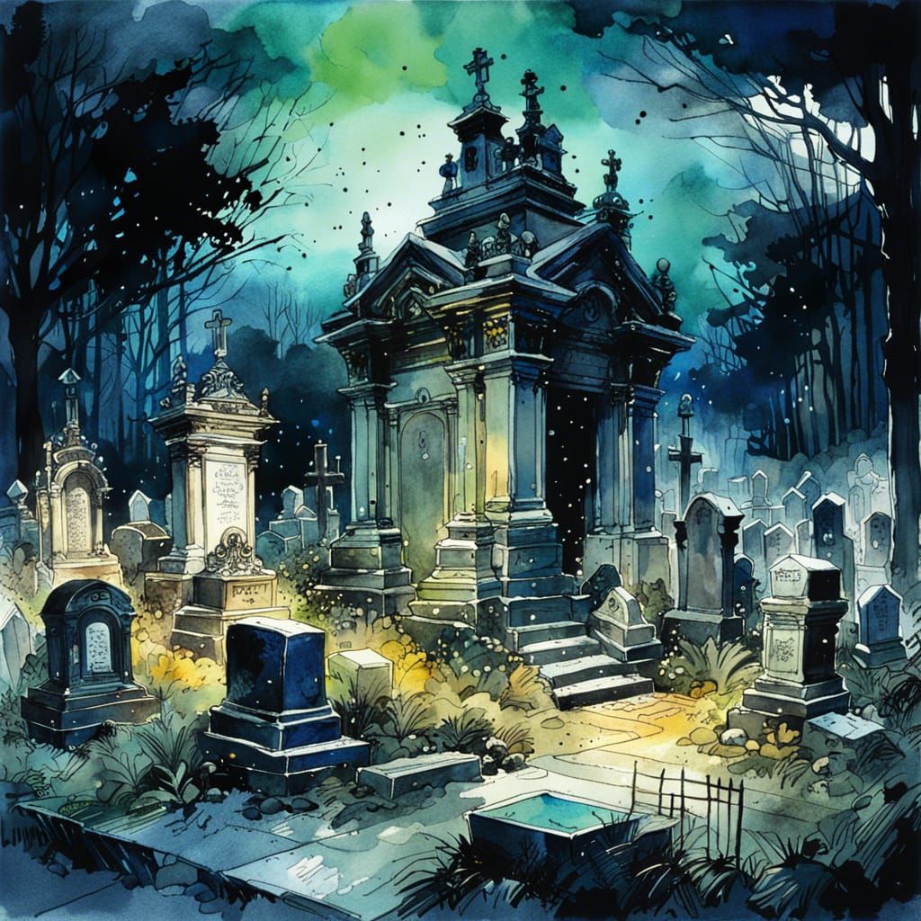Gothic Cemetery at Night: Watercolor Fantasy Painting