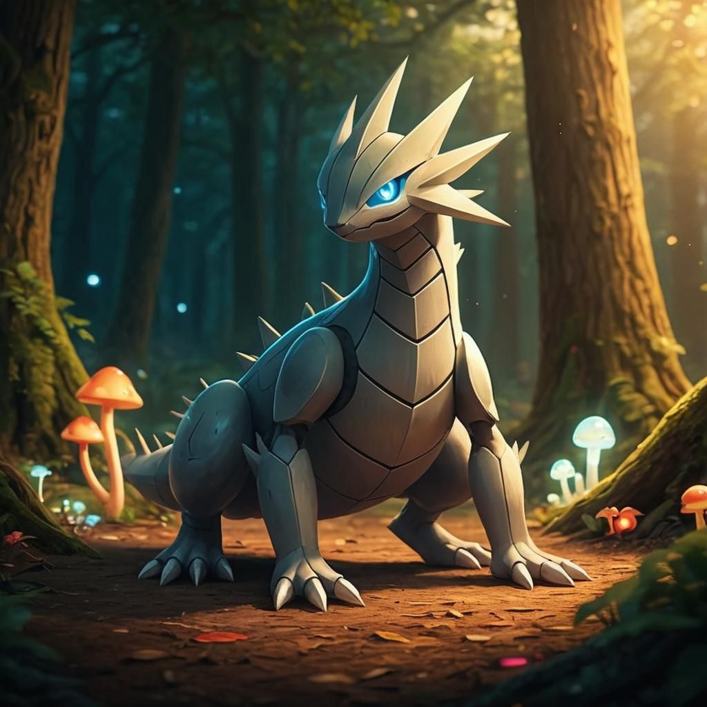 aron pokemon, in a forest floor, with blue glowing eyes; 4k hd 3d cinematic, surrounded by ground-type pokemons