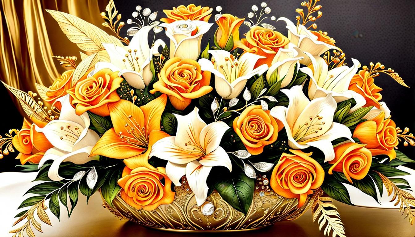 Ornate Floral Arrangement with Roses and Lilies