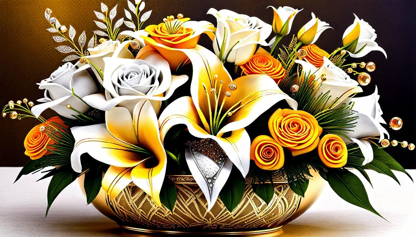 Gold and Silver Floral Arrangement with Dew Drops