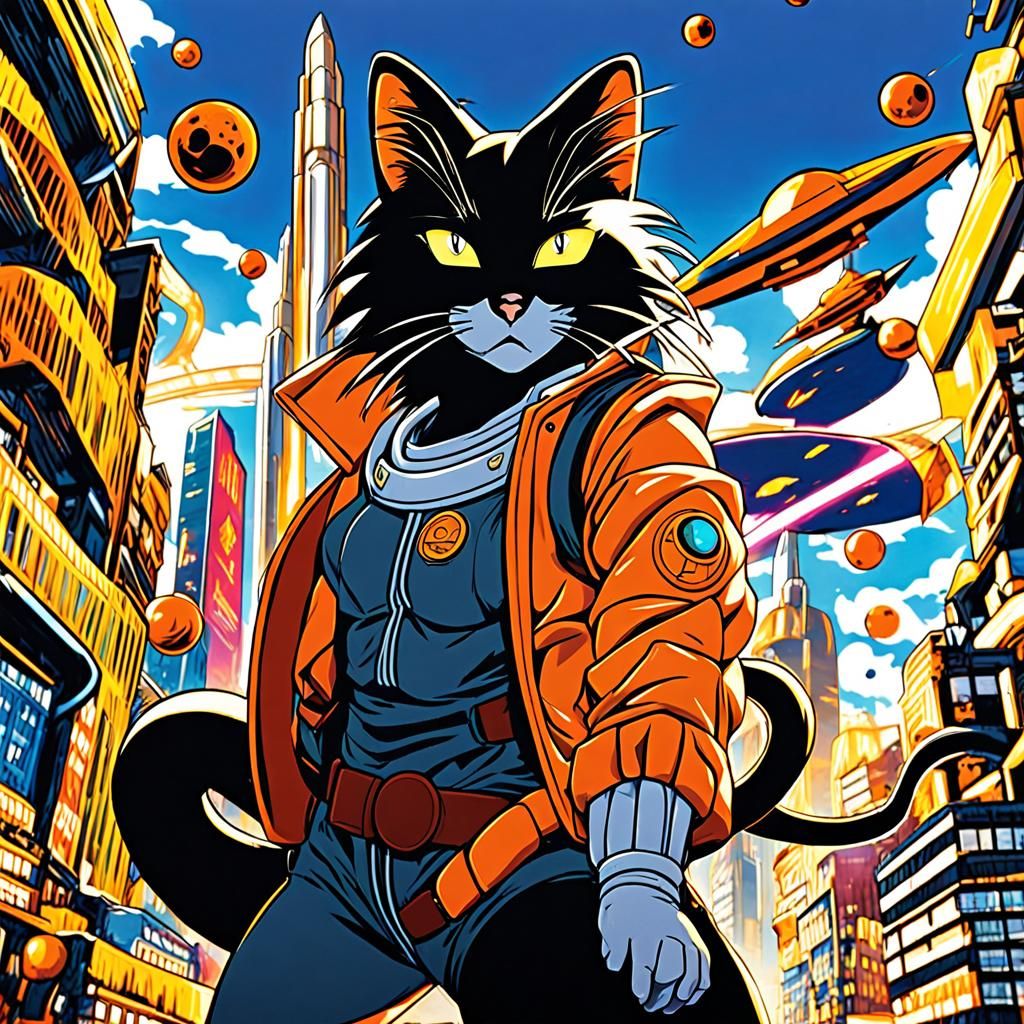 Android Cat Battles Aliens in Neon City: Anime Style
