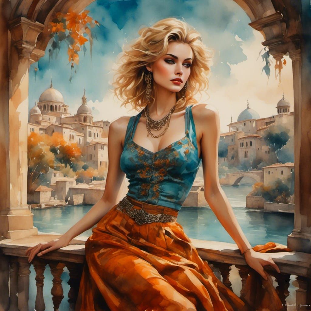 Beautiful Woman with Tattoos in Antique Watercolor Style