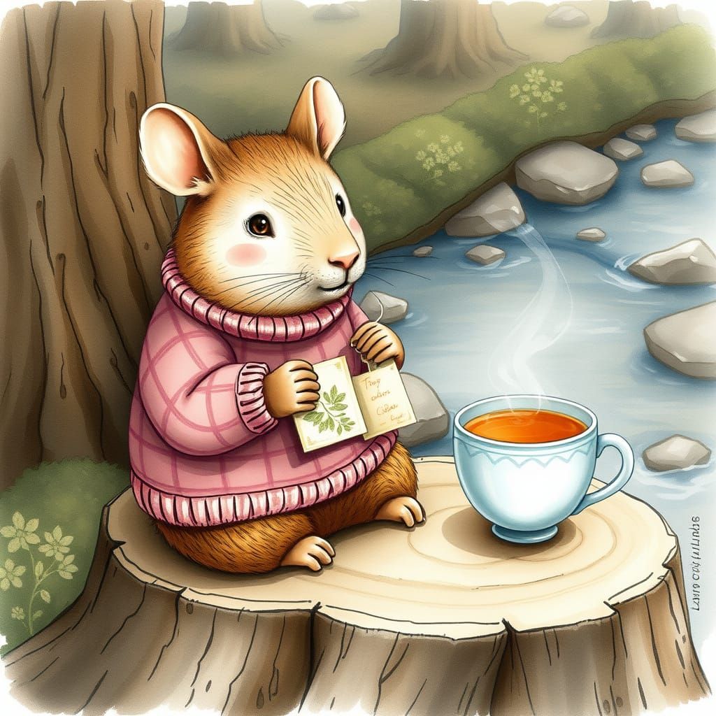 Capybara's Cozy Tea Time by the Stream