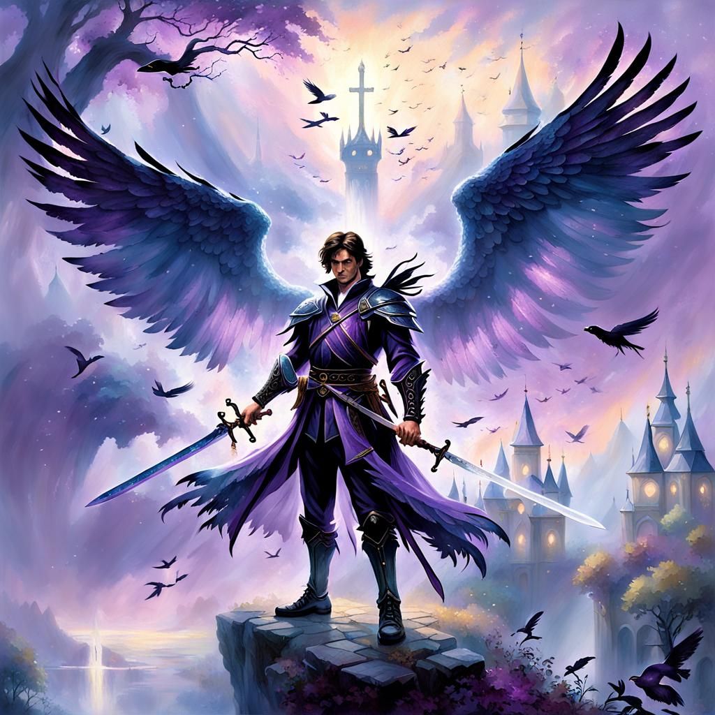 Winged Warrior with Magic Sword in Ethereal Mist