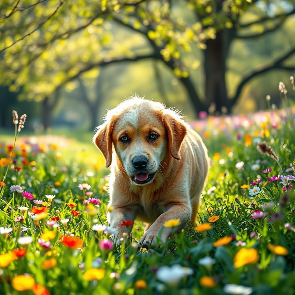 Joyful Old Labrador Plays with Young Boy in Vibrant Floral F...