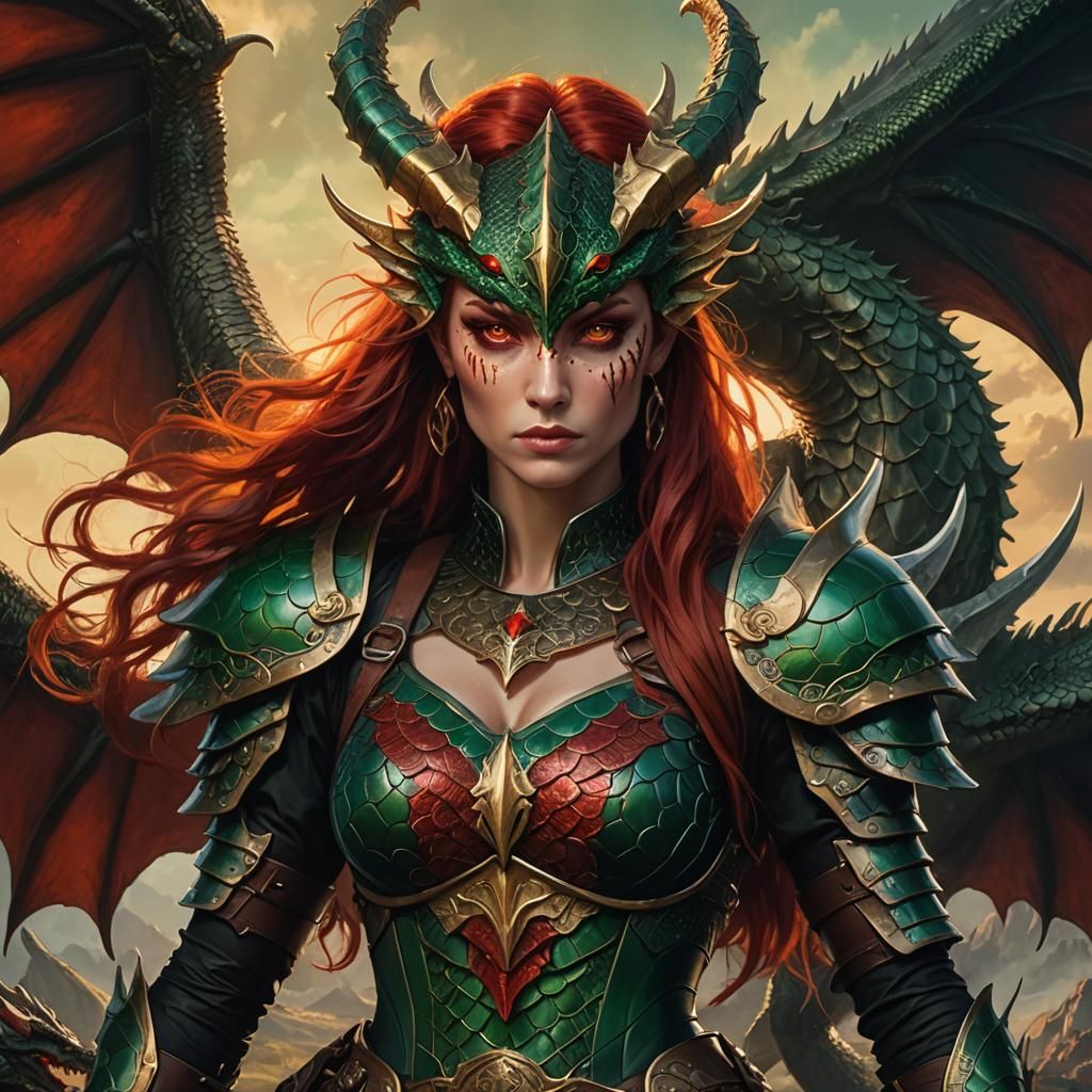 Dragon Woman Portrait with Red Hair and Armor