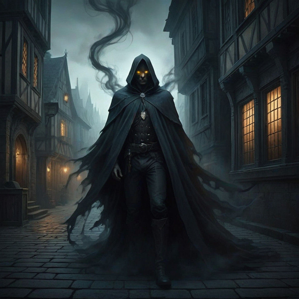 Dark Figure in Shimmering Black Cloak Stands Amidst Medieval...