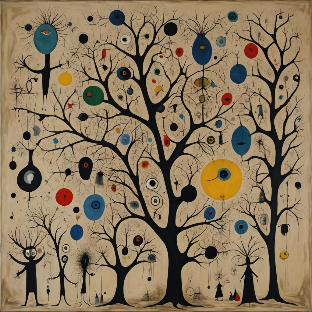 Surreal Family Wandering in a Miro Landscape