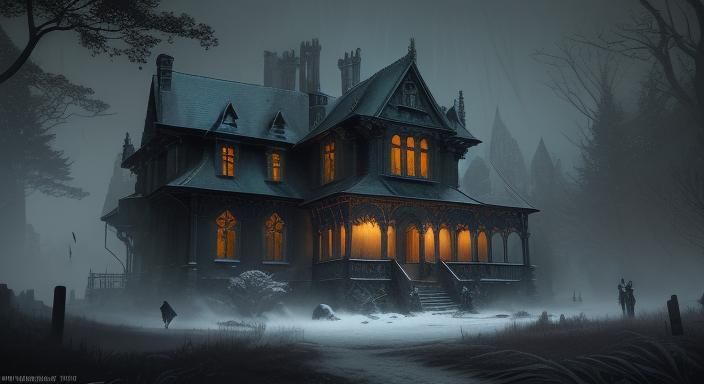 Dark Gothic Manor in Winter Snowfall