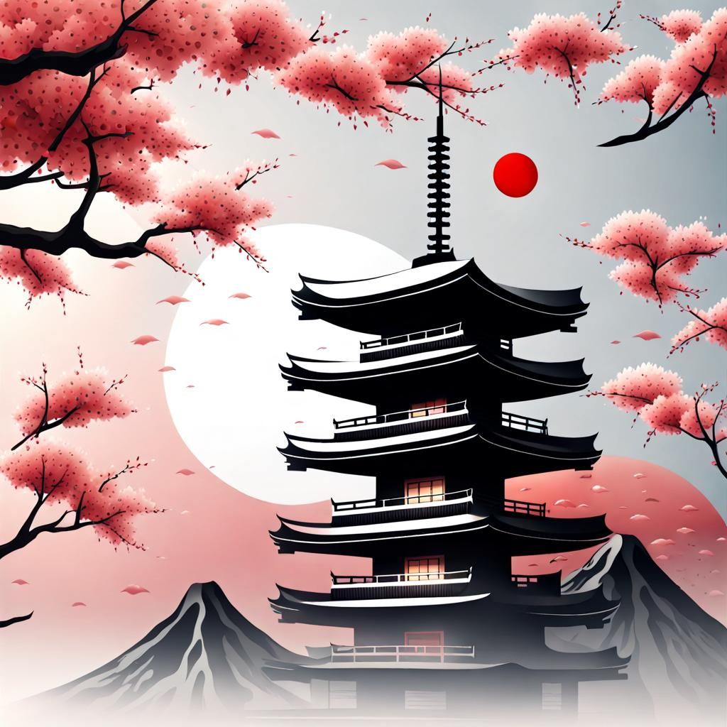 Realistic Japanese Temple with Cherry Blossoms