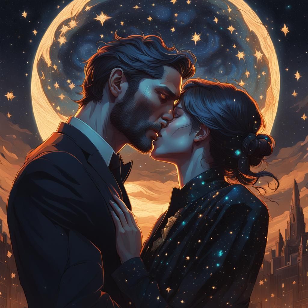 Demon Kissing Woman Under Starry Night Sky