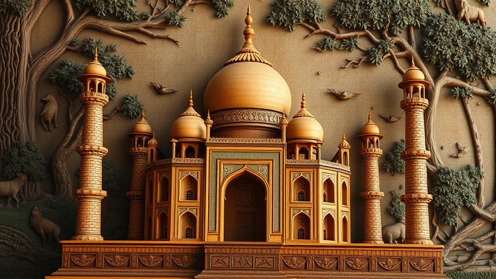 Wooden Taj Mahal Carving with Forest Relief