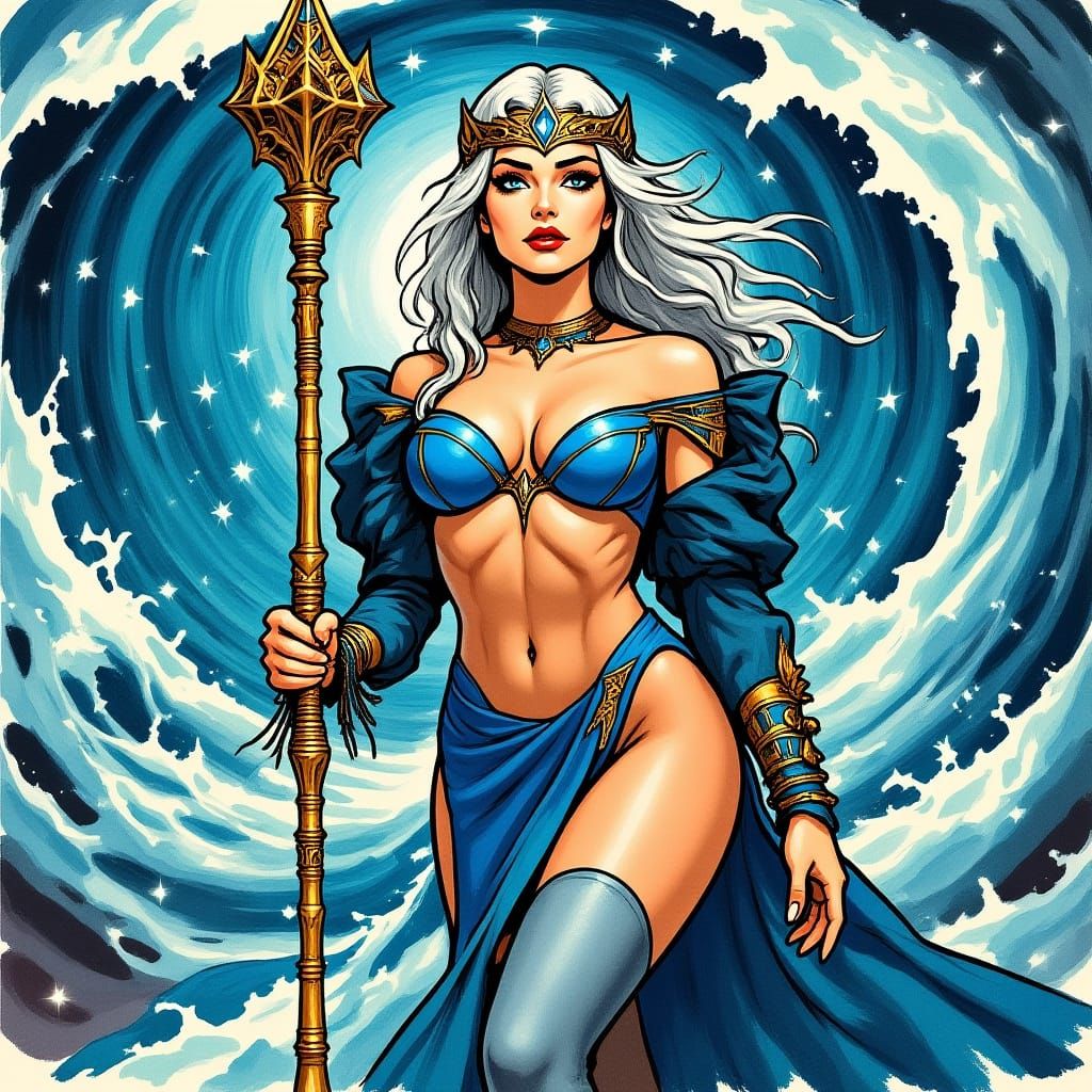 Amphitrite Goddess of the Sea in Comic Watercolor Style