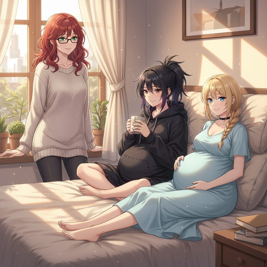Anime Style: Woman with Red Hair and Pregnant Wives