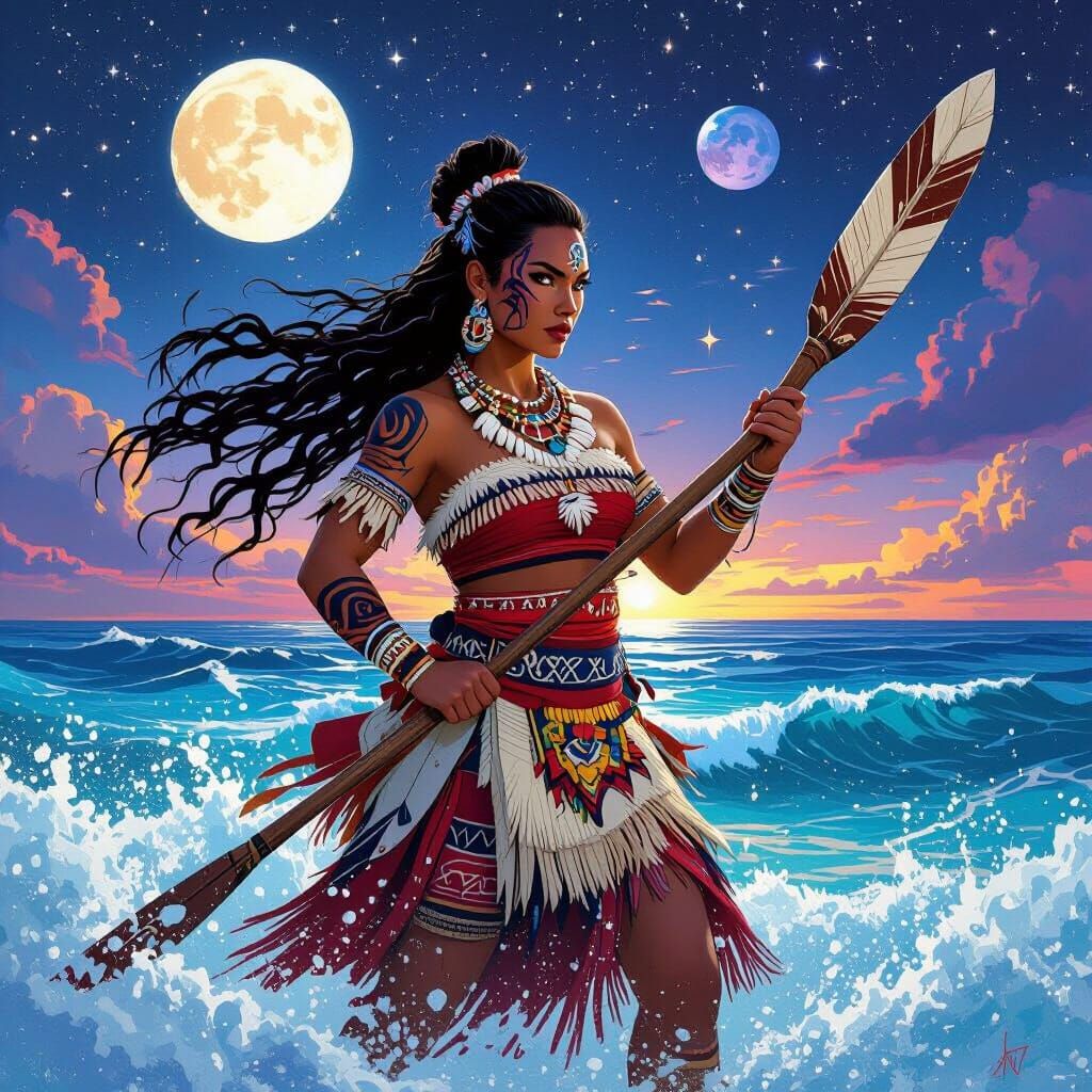 Māori Warrior Woman Amidst Celestial Ocean