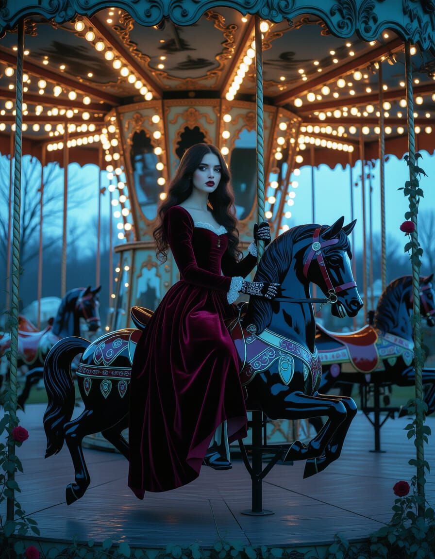 Gothic Fairytale: Woman on Carousel Horse Under Full Moon