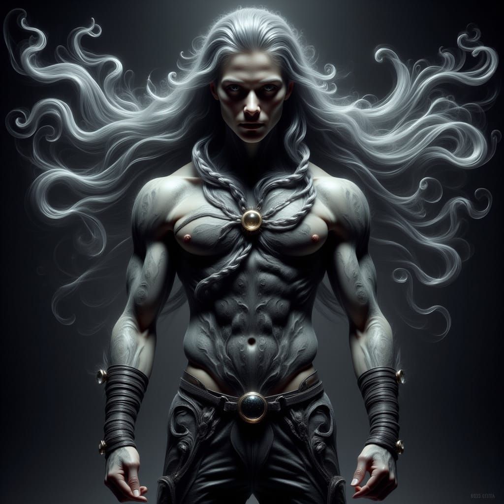 Ethereal Shadow Being with Iridescent Skin and Twisted Braid...