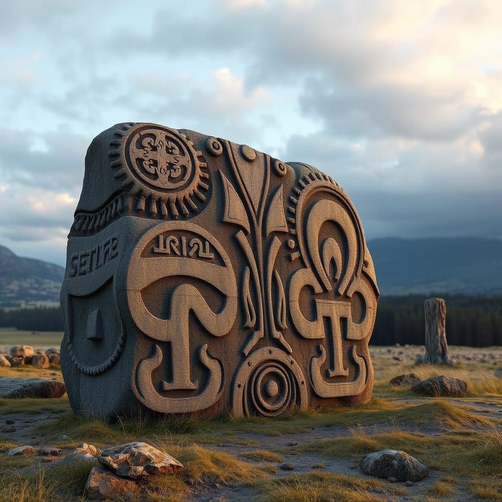 Viking Rune Stone in Ancient Digital Art Style