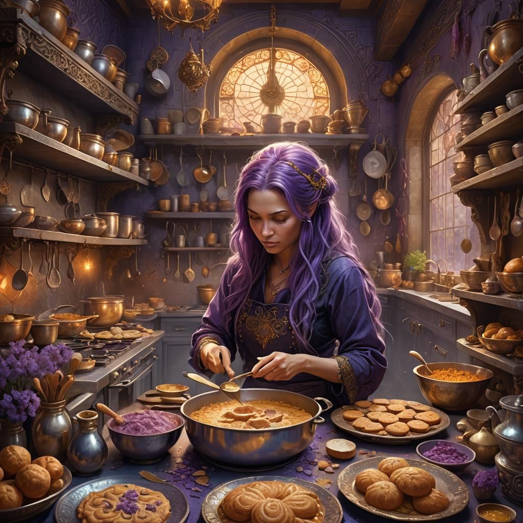 Mystical Kitchen: Woman Baking with Purple Hair