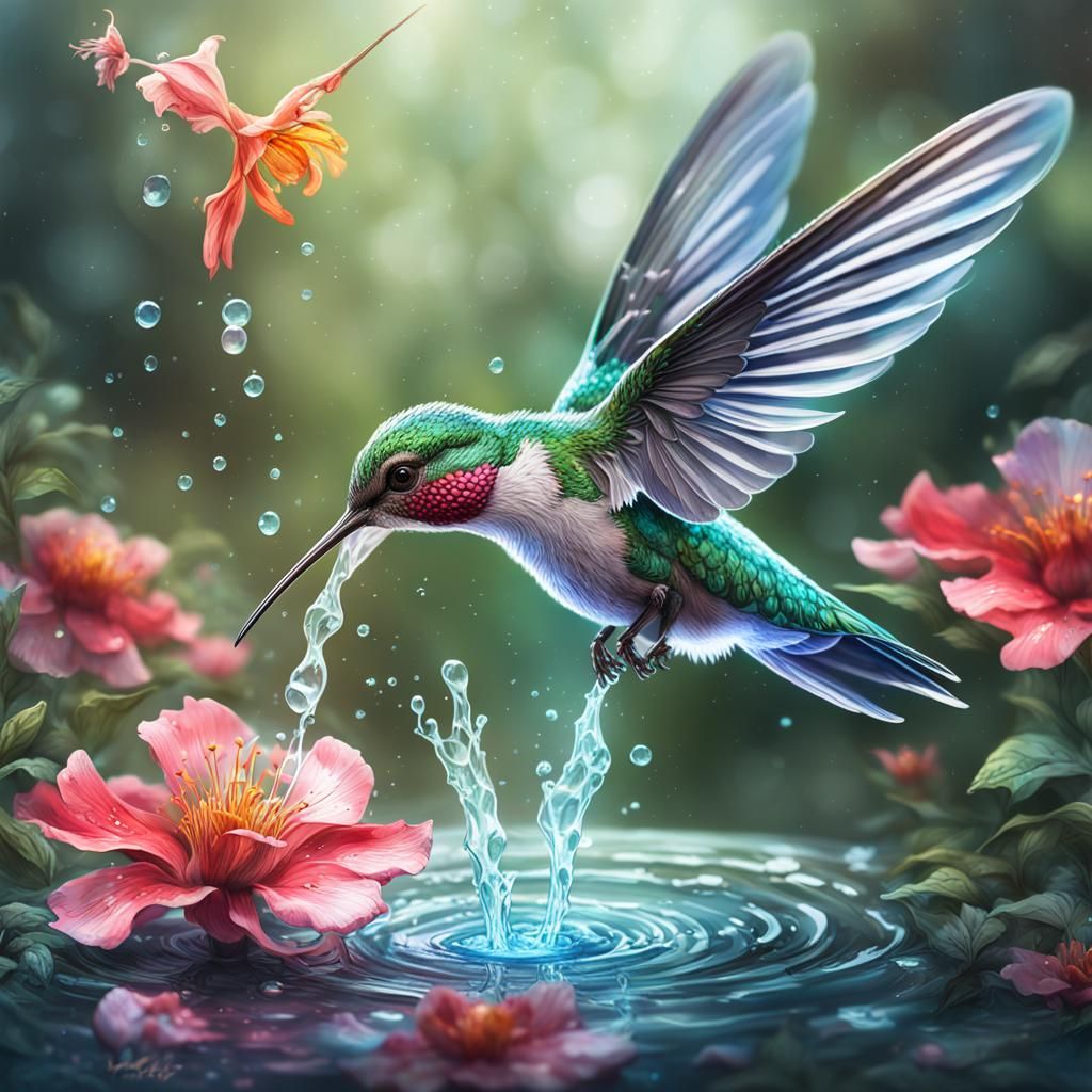 Hummingbird Drinks Nectar: Dreamlike Fantasy Art