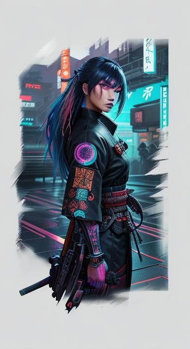 Cyberpunk Assassin in Ukiyo-e Inspired Armor