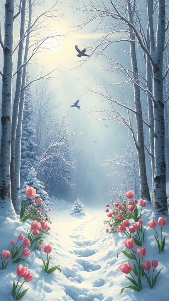 Ethereal Fantasy Landscape with Birches, Lilies, and Icicles