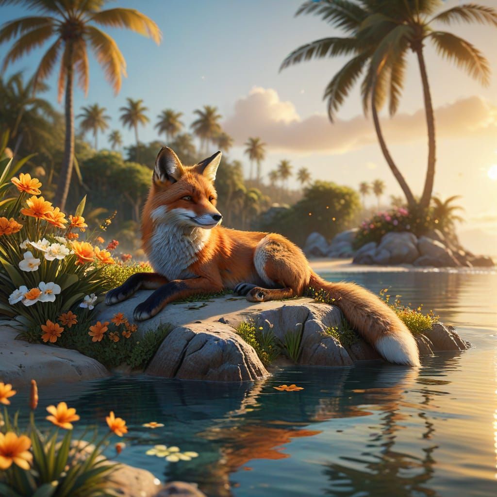Idyllic Fox Resting on Tropical Island in Oil Painting Style