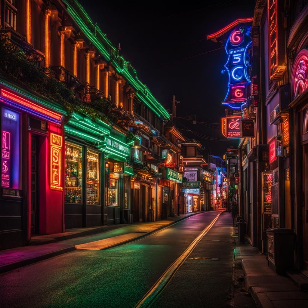 Nighttime Alley with Neon Lights in HDR