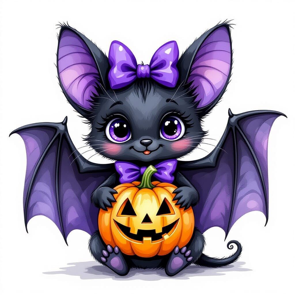 Watercolor Bat with Pumpkin in Beatrix Potter Style