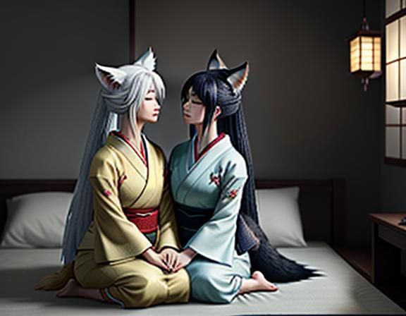 Romantic Kitsune Kiss in Japanese Bedroom, Manga Style
