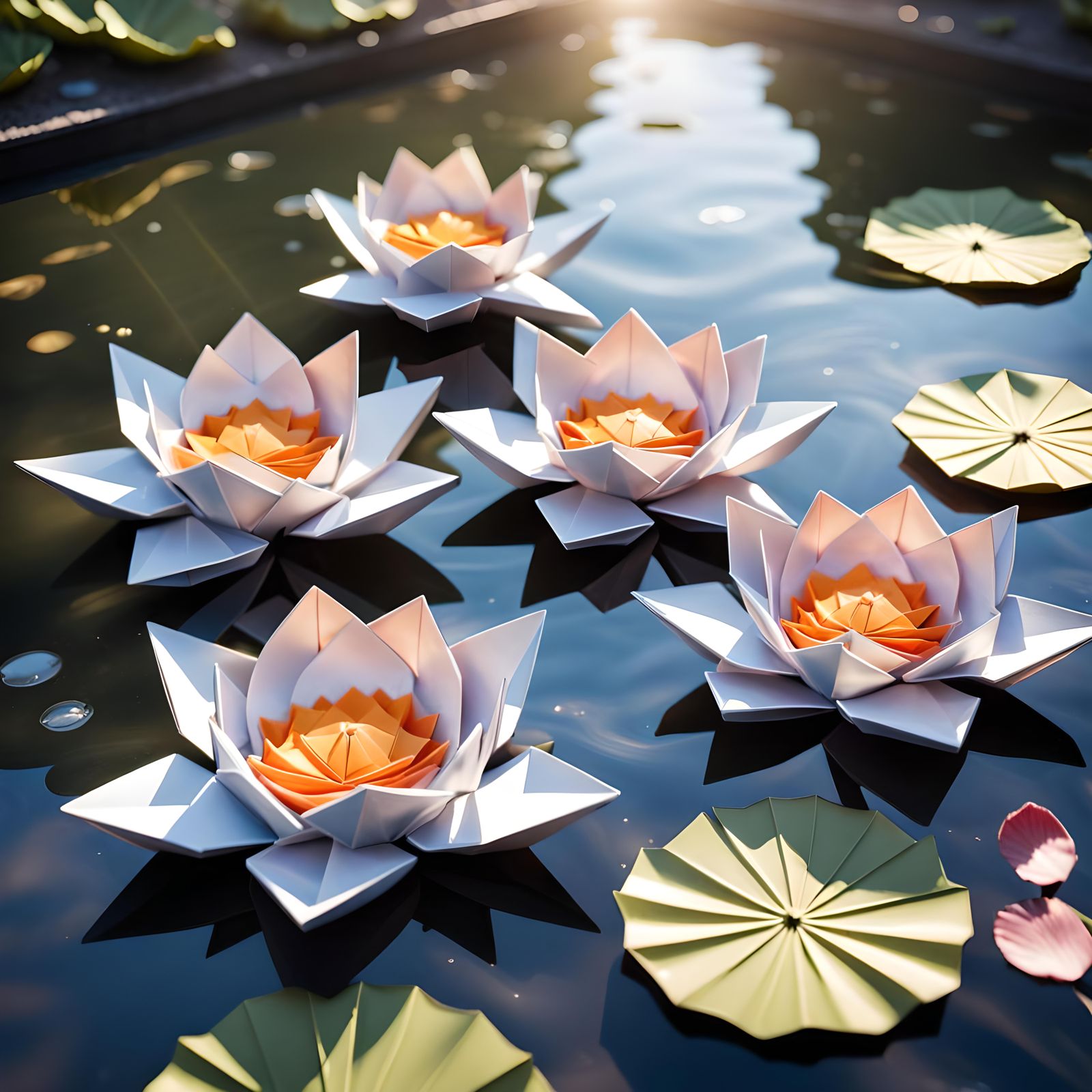 Chromium Origami Lotus Flowers on Koi Pond