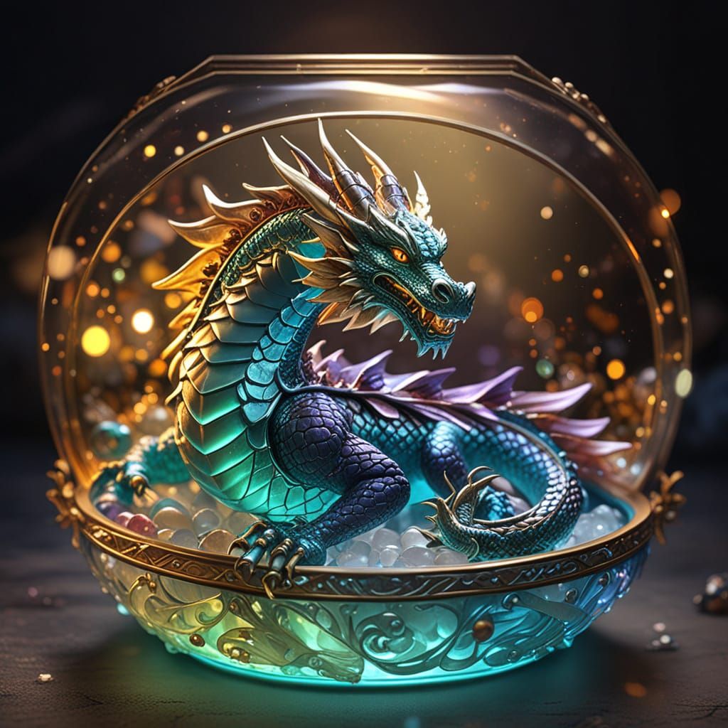 A small Chinese dragon sits in a glass jewelry box filled with glowing glass jewelry.