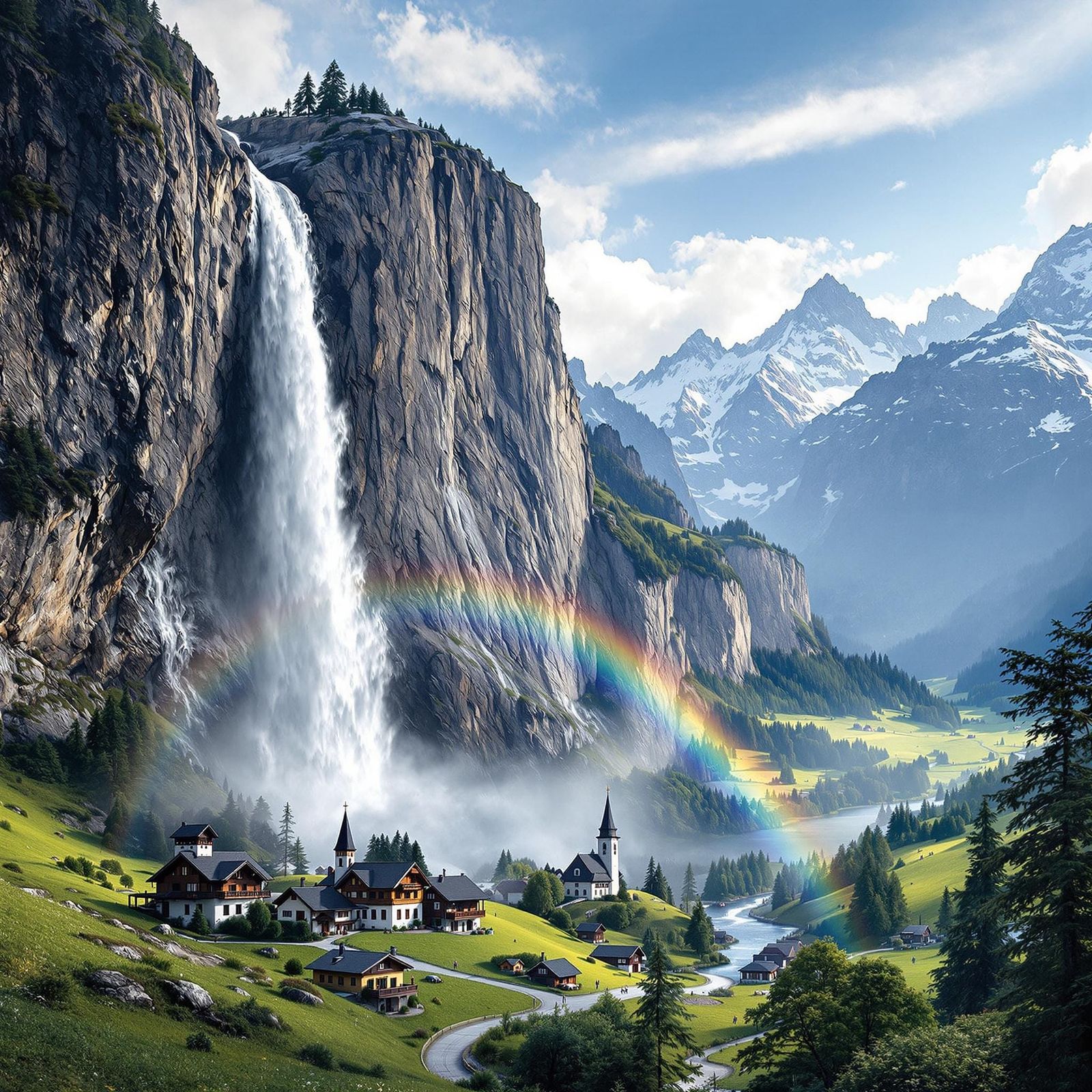 Alpine Valley's Majestic Waterfall in Serene Paradise