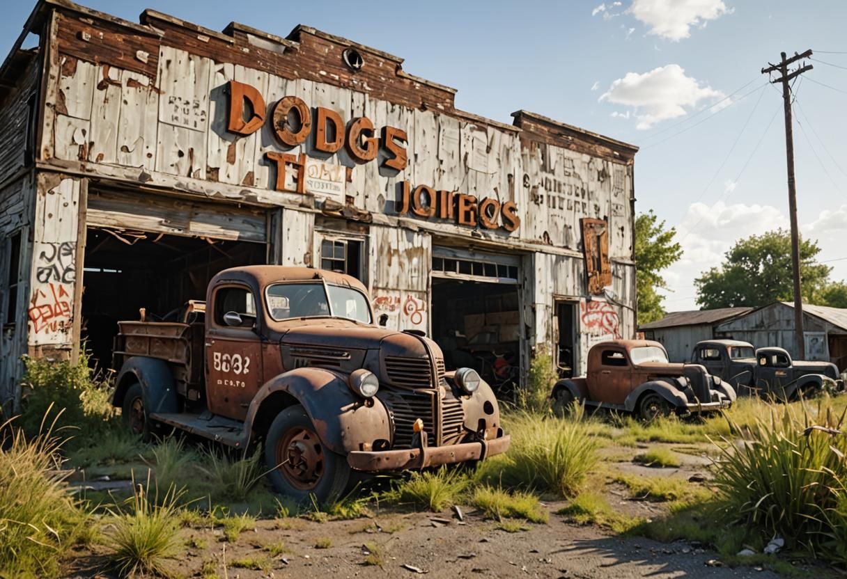 Retro Industrial Landscape with Vintage Dodge Tow Truck