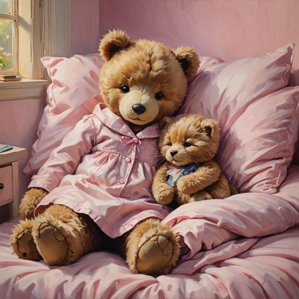 Teddy Bear and Kitten in Cozy Pink Room