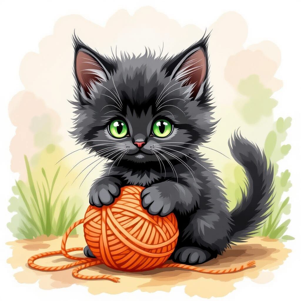 Fluffy Black Kitten Playing with Yarn, Watercolor Style
