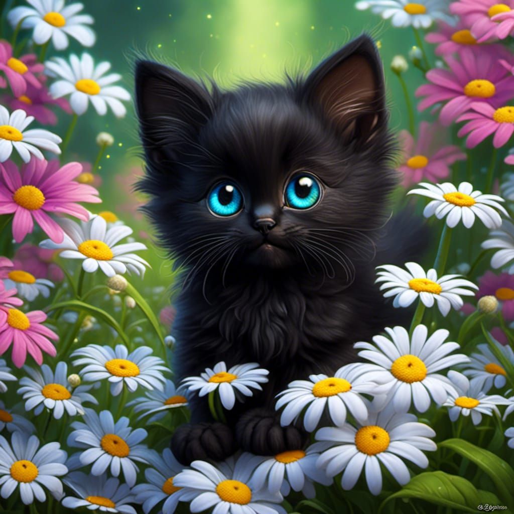 Black Kitten Surrounded by Daisies