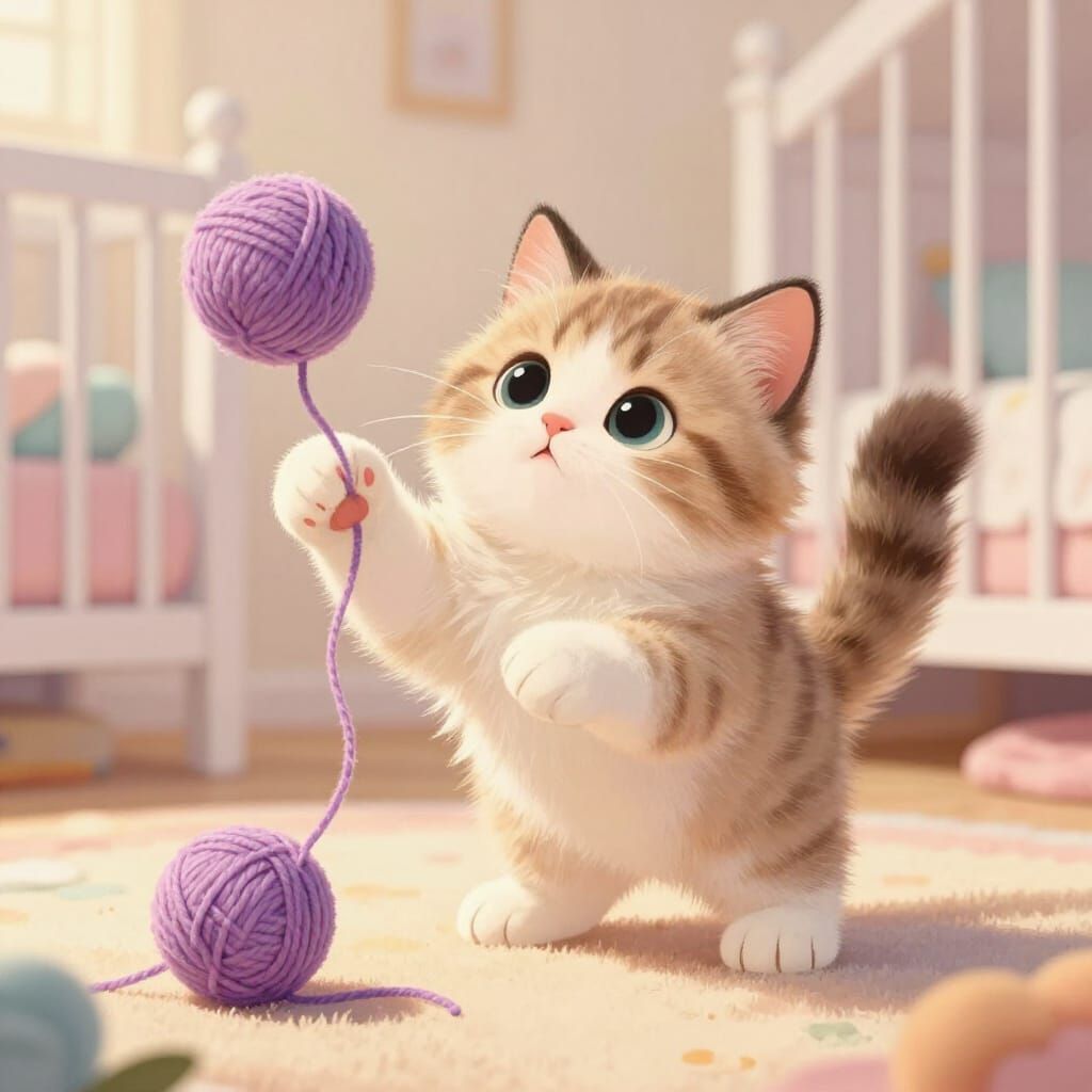 Fluffy Kitten Plays with Yarn in Nursery