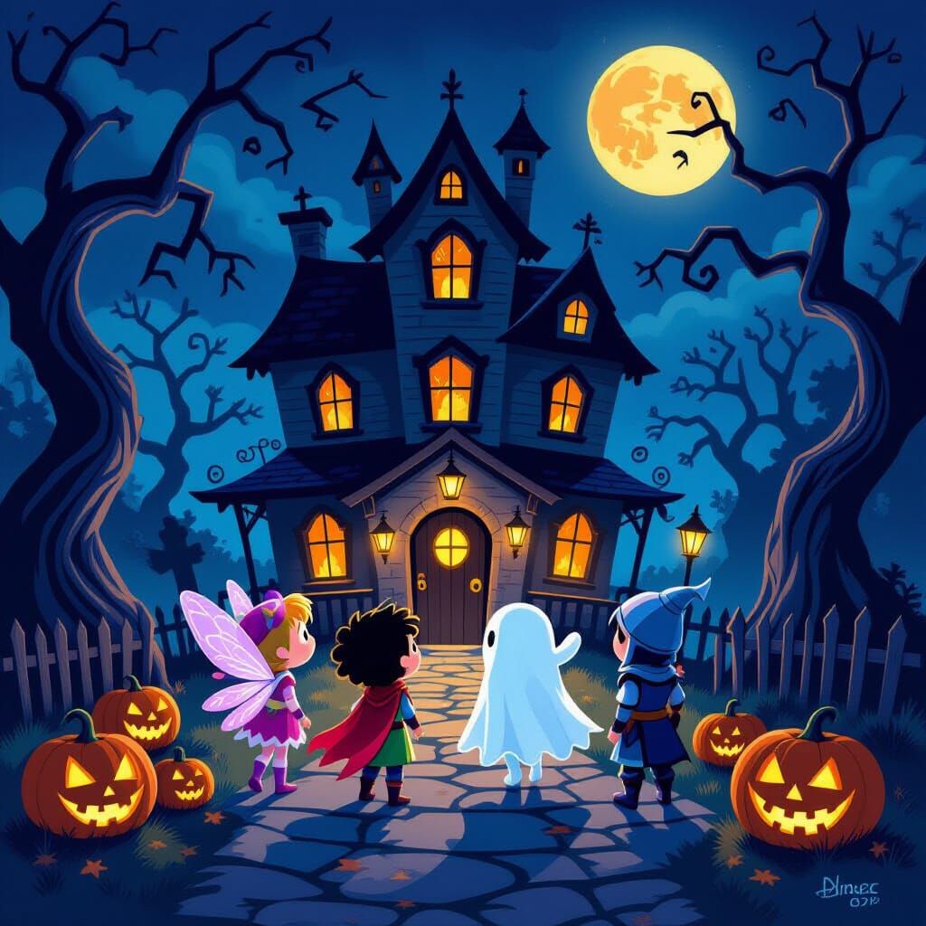 Children in Whimsical Costumes Approach Haunted House