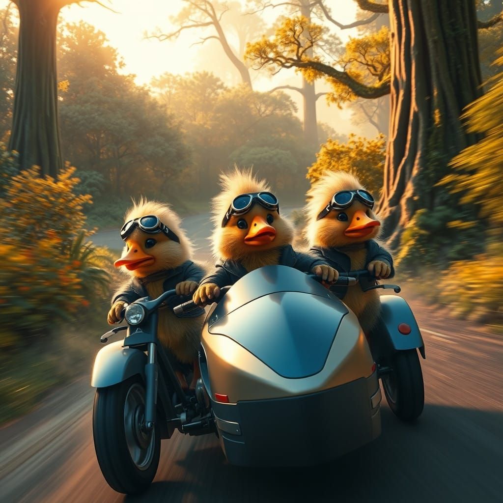 Dreamlike Landscape with Fluffy Ducks on Trike